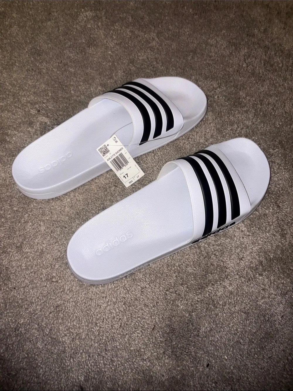 adidas White Slides with Black Striped Strap